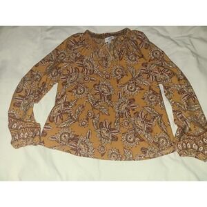 Evereve Mustard Floral Bell Sleeve Smocked Neck V-Neck Blouse Top Size S